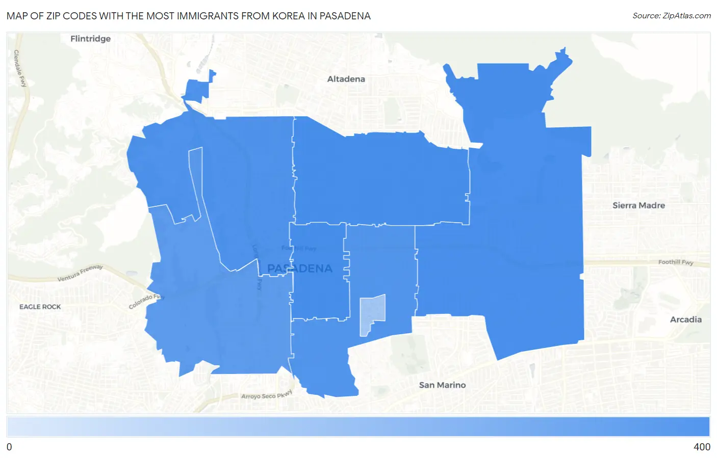 Zip Codes with the Most Immigrants from Korea in Pasadena Map