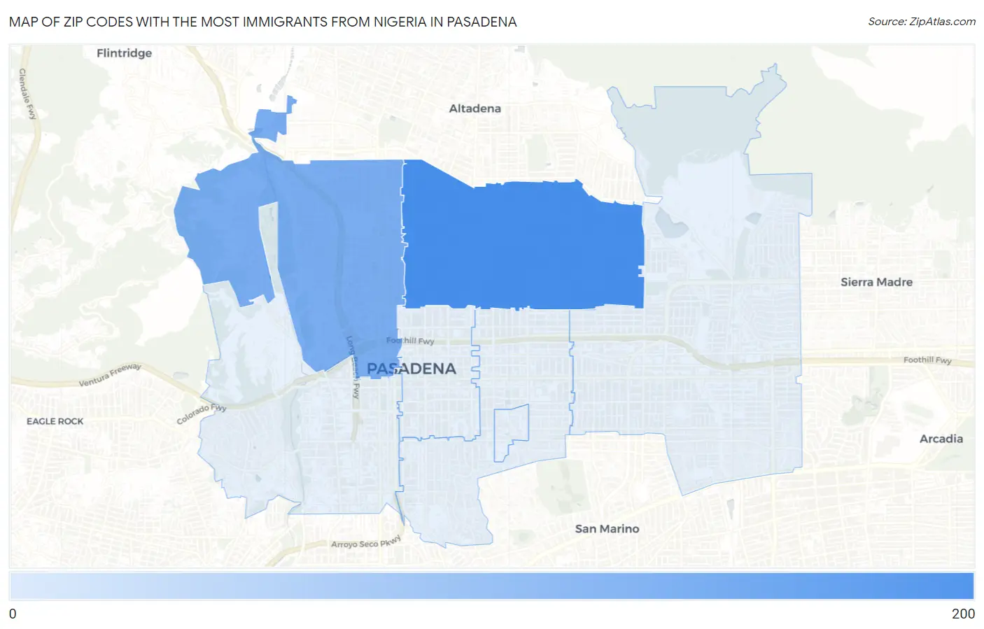 Zip Codes with the Most Immigrants from Nigeria in Pasadena Map
