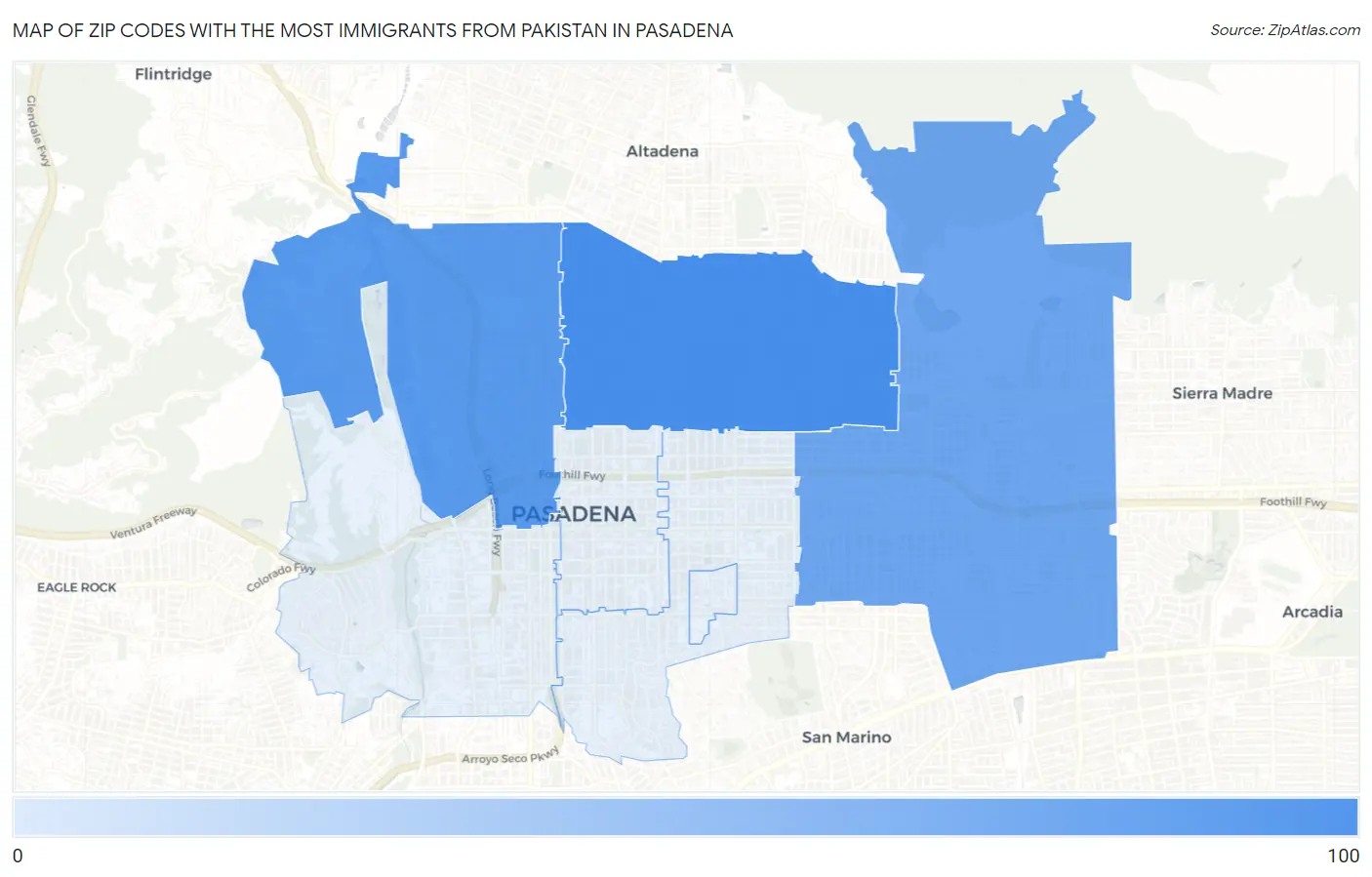 Zip Codes with the Most Immigrants from Pakistan in Pasadena Map