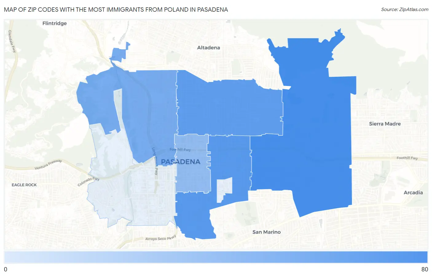 Zip Codes with the Most Immigrants from Poland in Pasadena Map