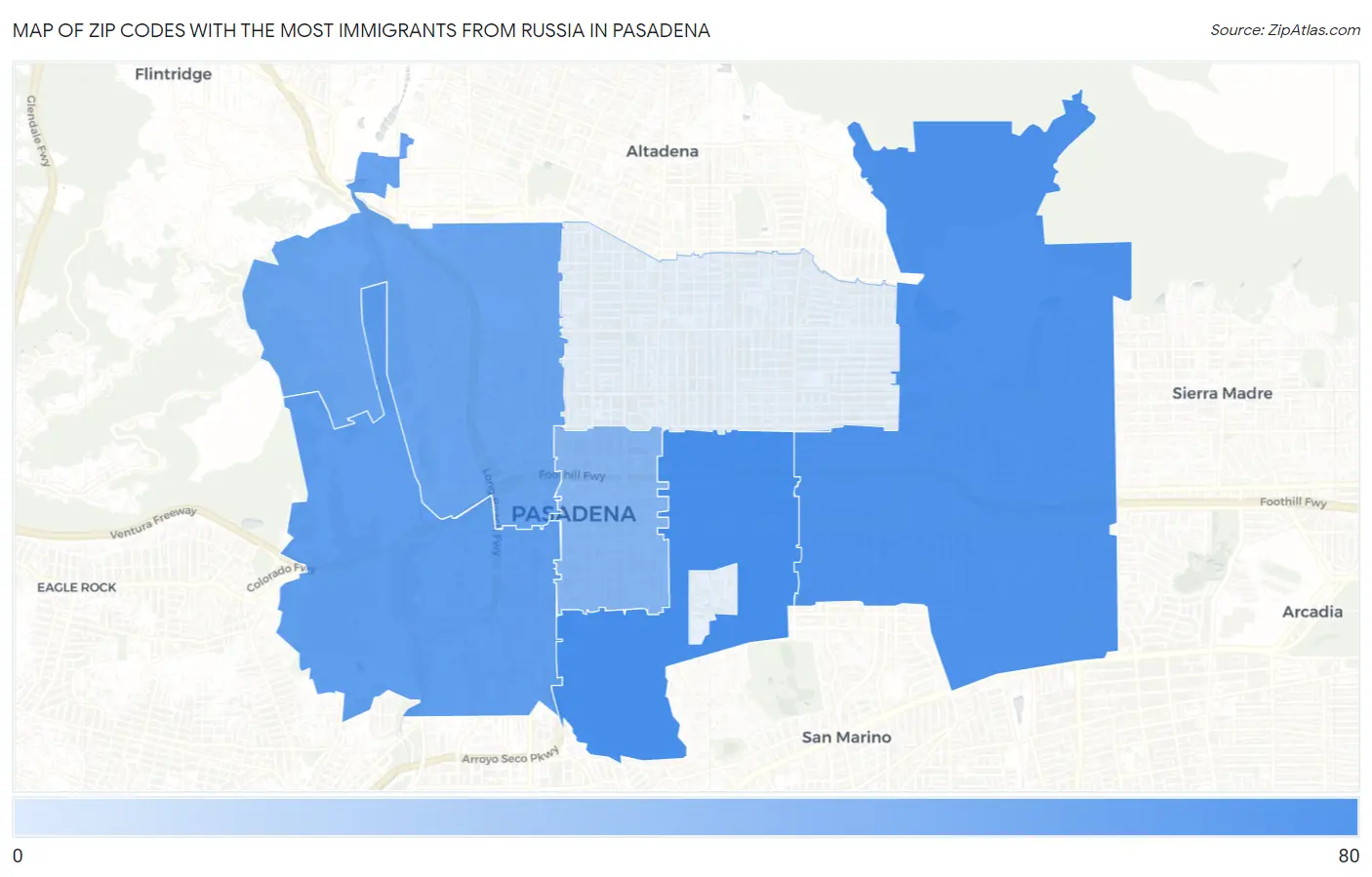 Zip Codes with the Most Immigrants from Russia in Pasadena Map