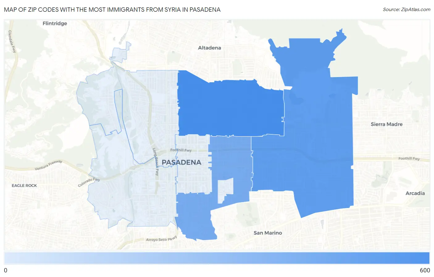 Zip Codes with the Most Immigrants from Syria in Pasadena Map
