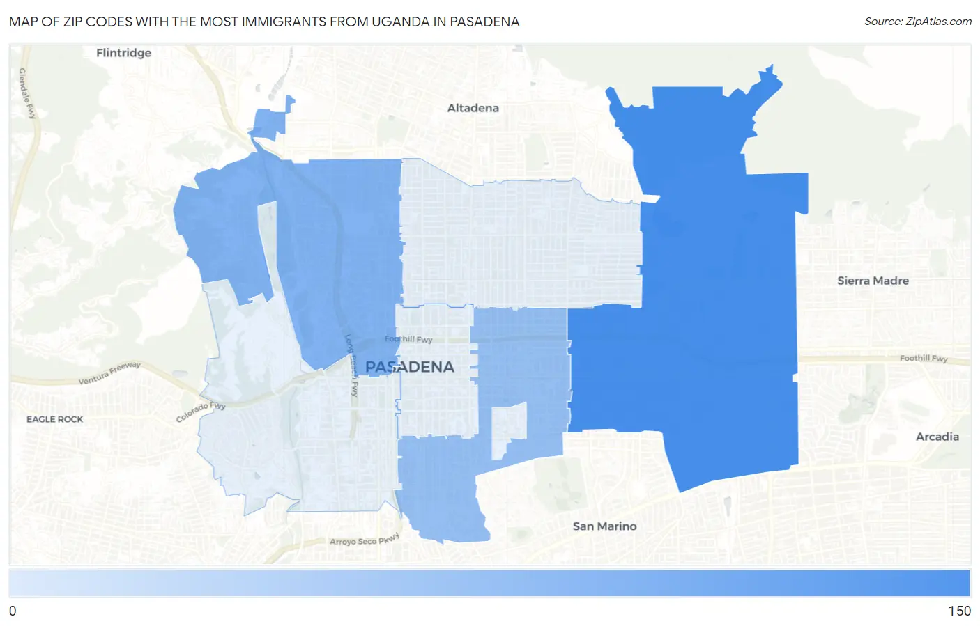 Zip Codes with the Most Immigrants from Uganda in Pasadena Map