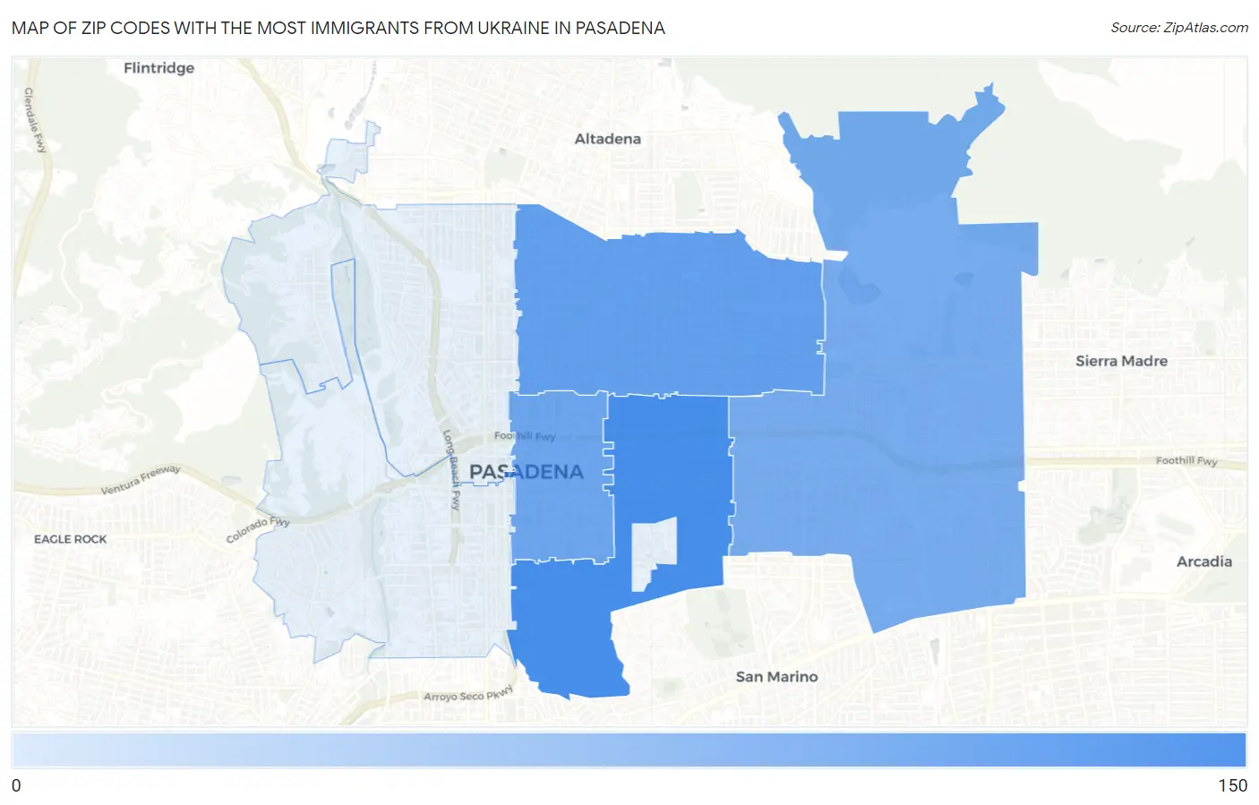 Zip Codes with the Most Immigrants from Ukraine in Pasadena Map