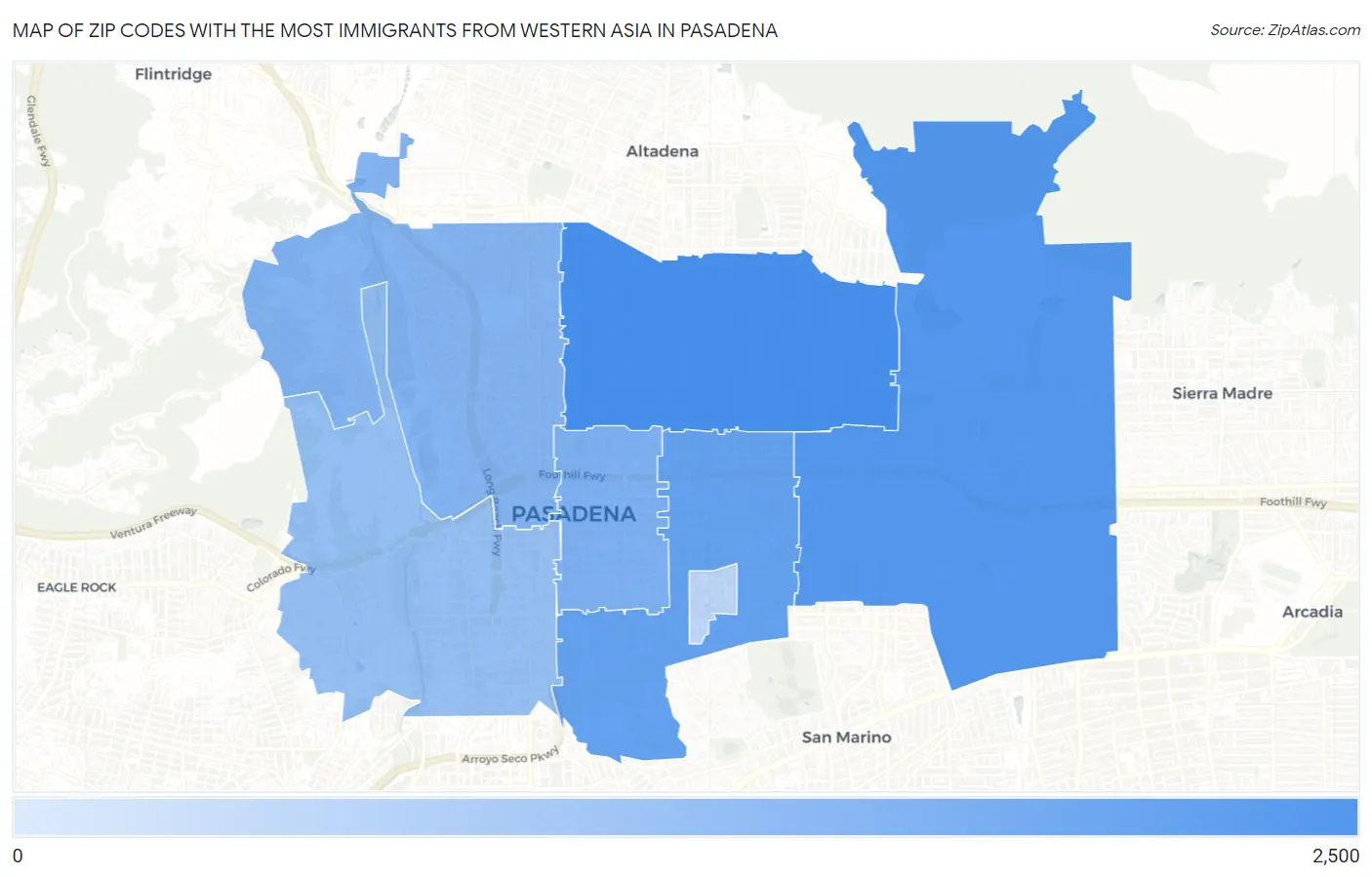 Zip Codes with the Most Immigrants from Western Asia in Pasadena Map