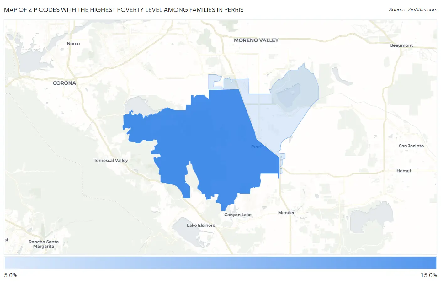Zip Codes with the Highest Poverty Level Among Families in Perris Map