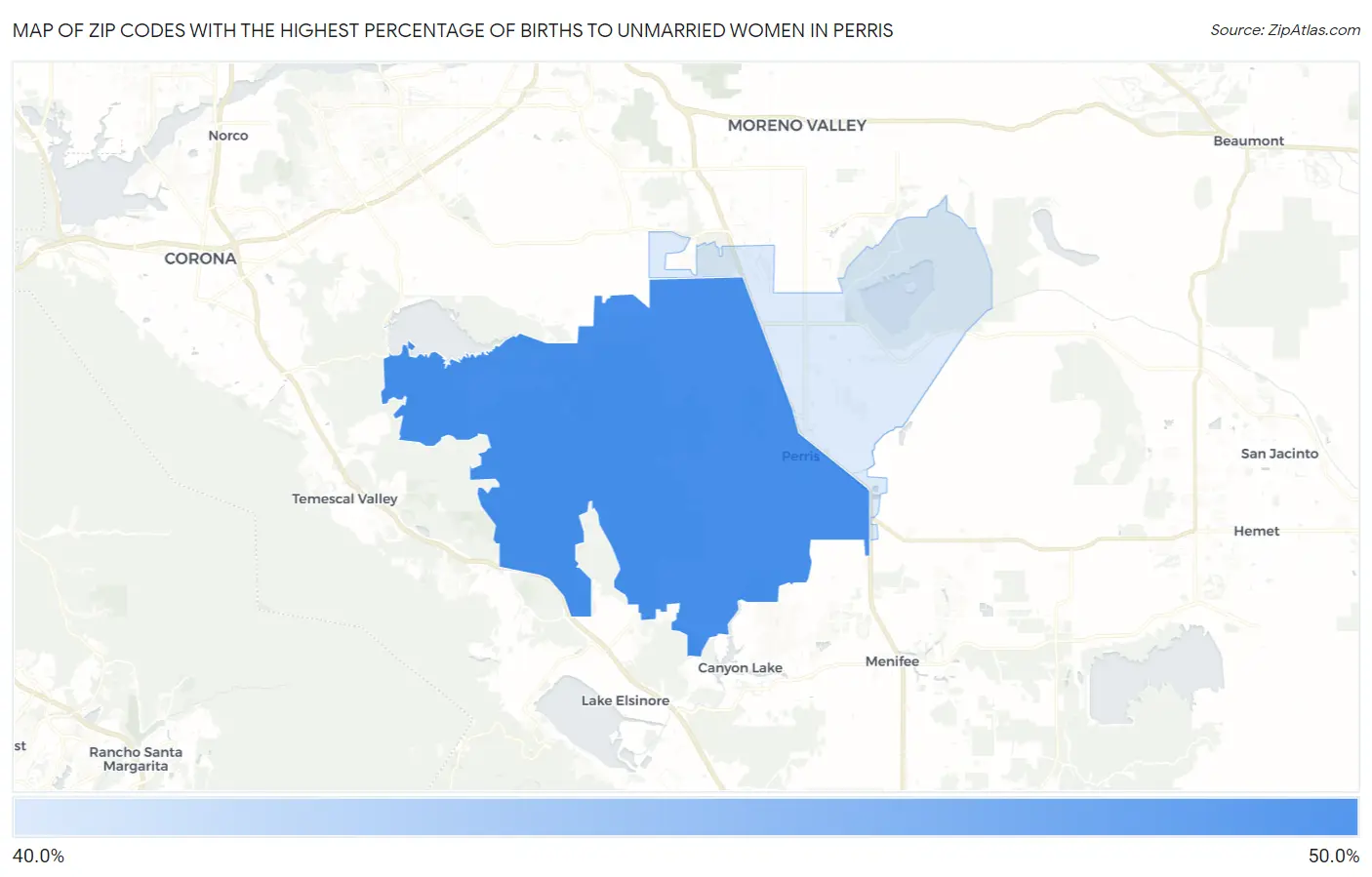 Zip Codes with the Highest Percentage of Births to Unmarried Women in Perris Map