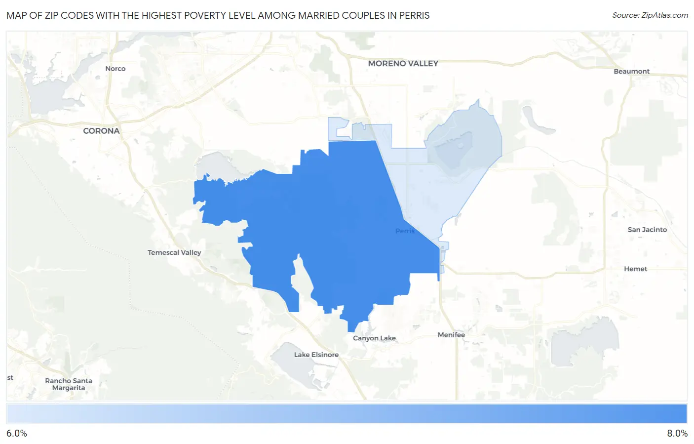 Zip Codes with the Highest Poverty Level Among Married Couples in Perris Map