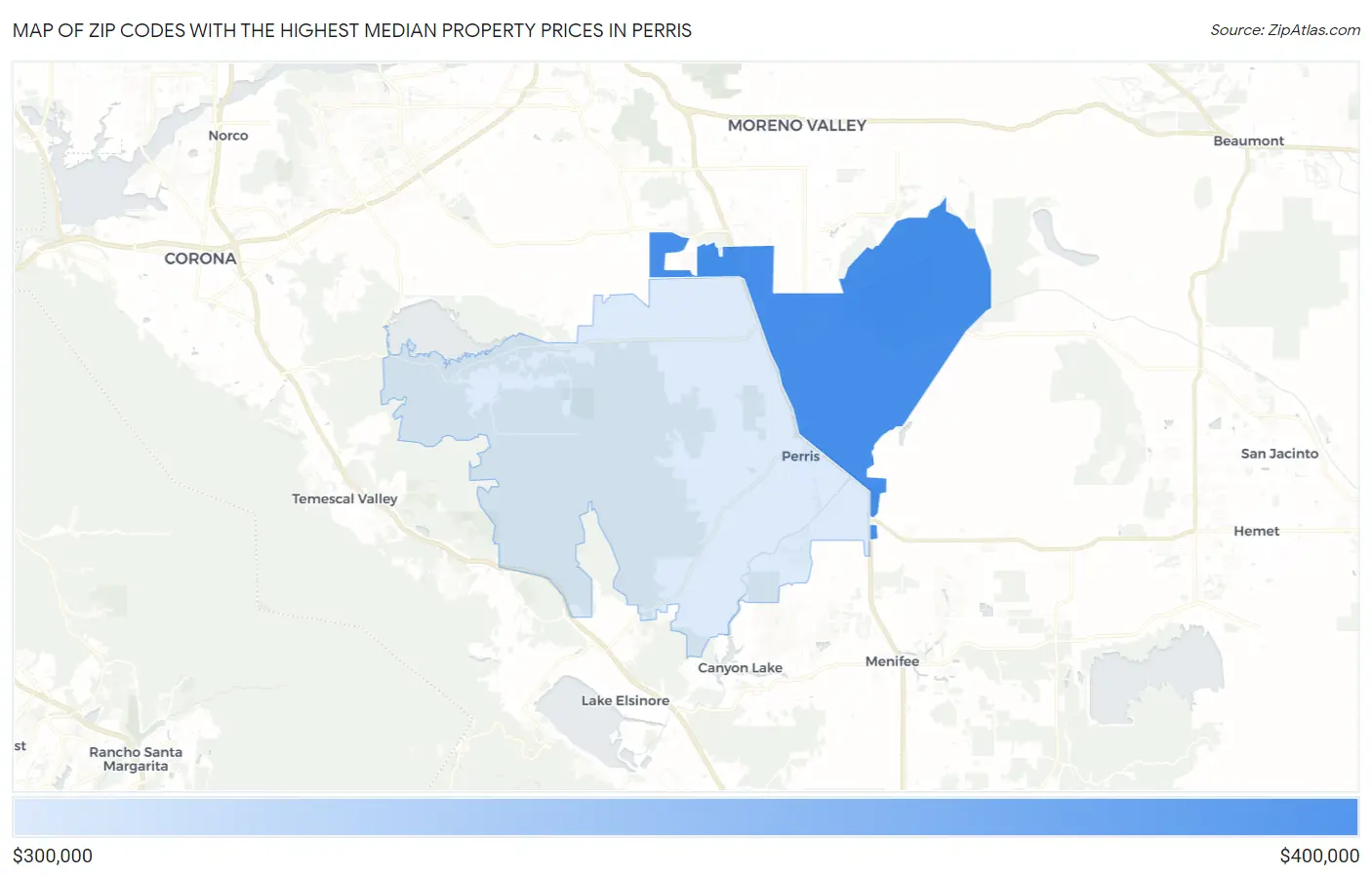 Zip Codes with the Highest Median Property Prices in Perris Map