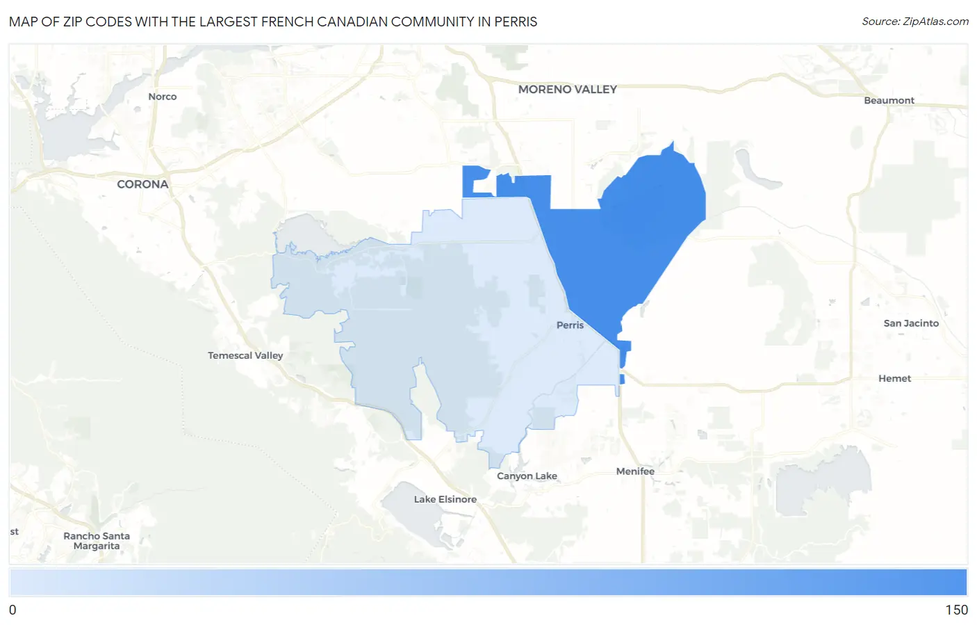Zip Codes with the Largest French Canadian Community in Perris Map