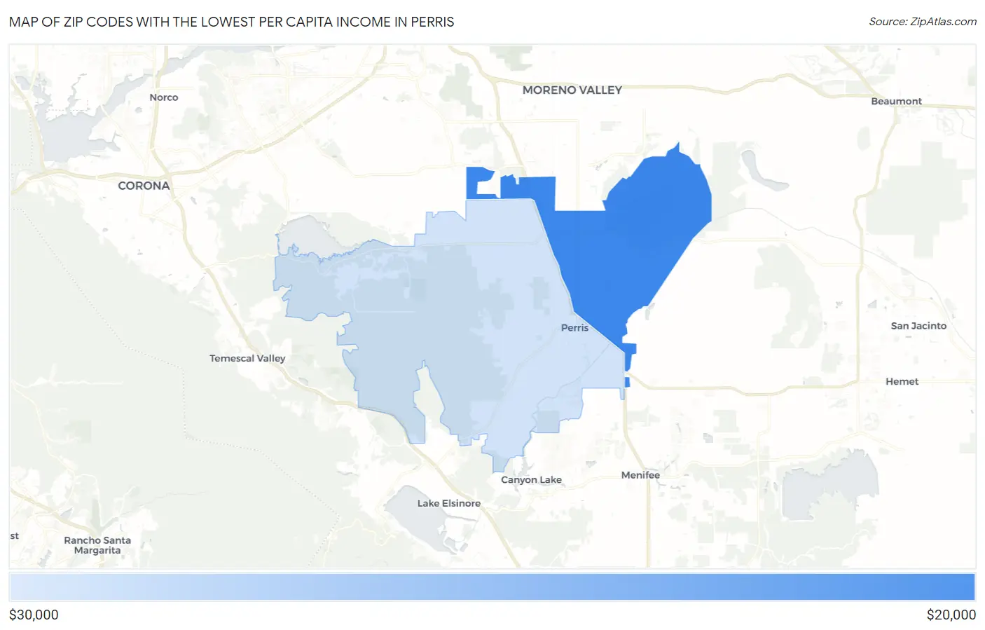 Zip Codes with the Lowest Per Capita Income in Perris Map