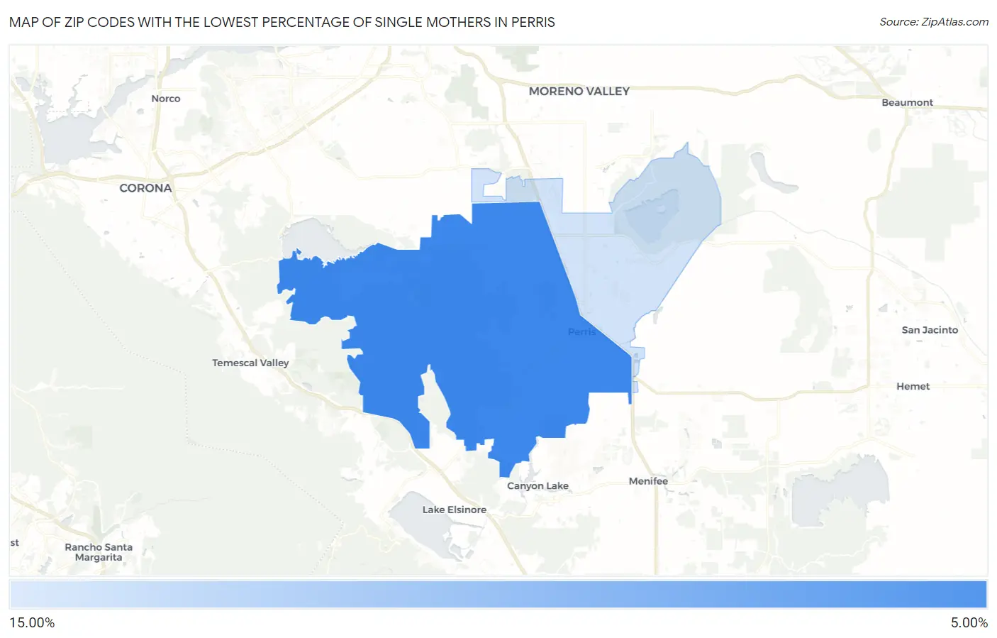 Zip Codes with the Lowest Percentage of Single Mothers in Perris Map