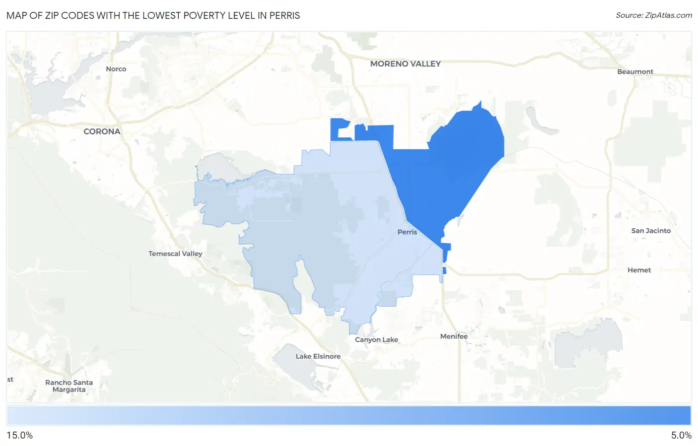 Zip Codes with the Lowest Poverty Level in Perris Map