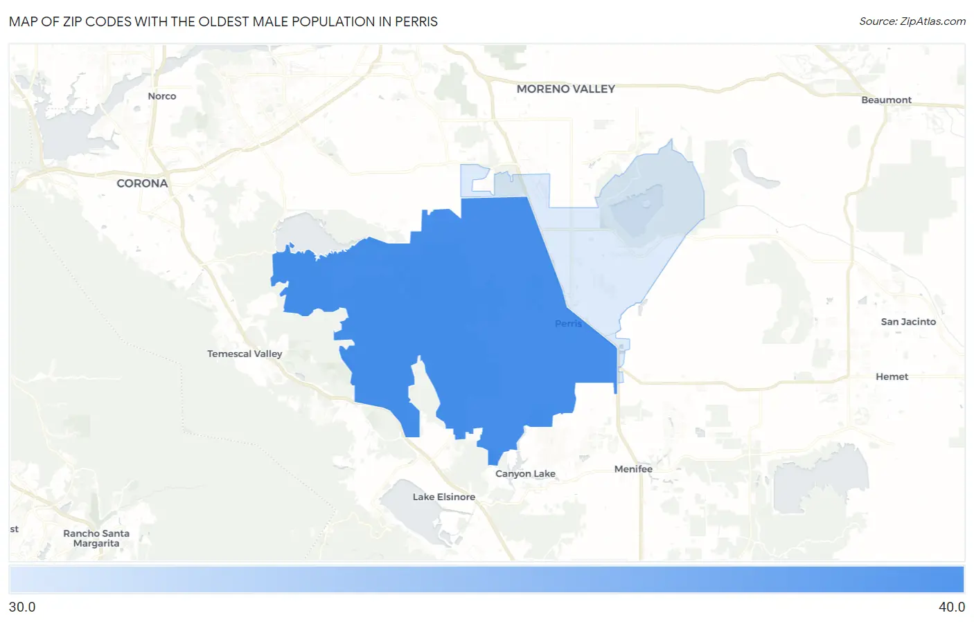Zip Codes with the Oldest Male Population in Perris Map