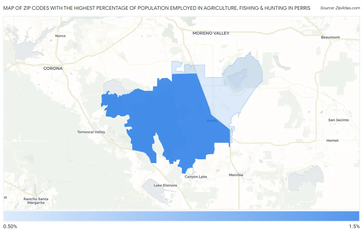 Zip Codes with the Highest Percentage of Population Employed in Agriculture, Fishing & Hunting in Perris Map