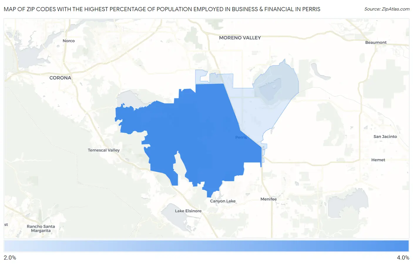 Zip Codes with the Highest Percentage of Population Employed in Business & Financial in Perris Map