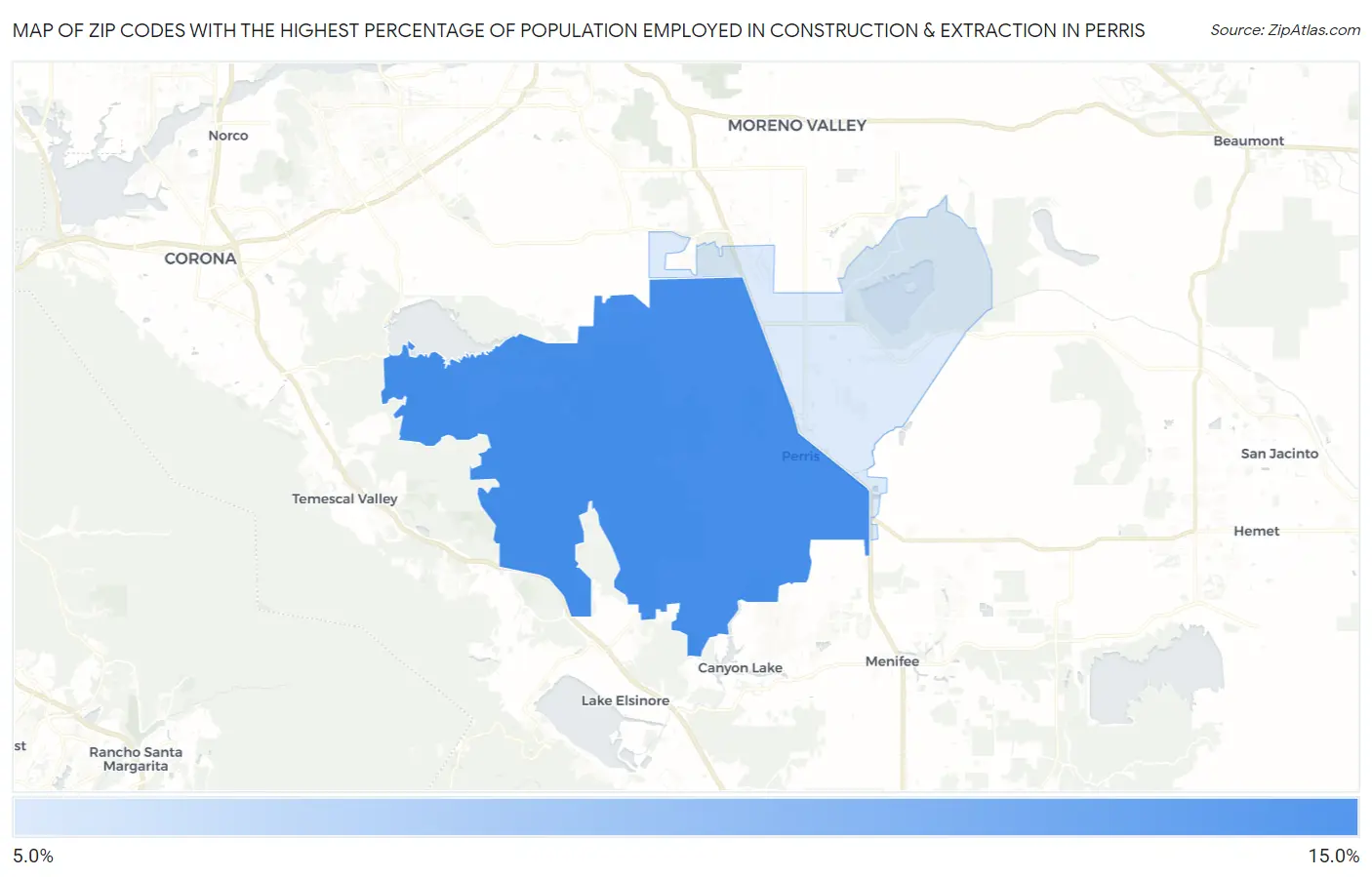 Zip Codes with the Highest Percentage of Population Employed in Construction & Extraction in Perris Map