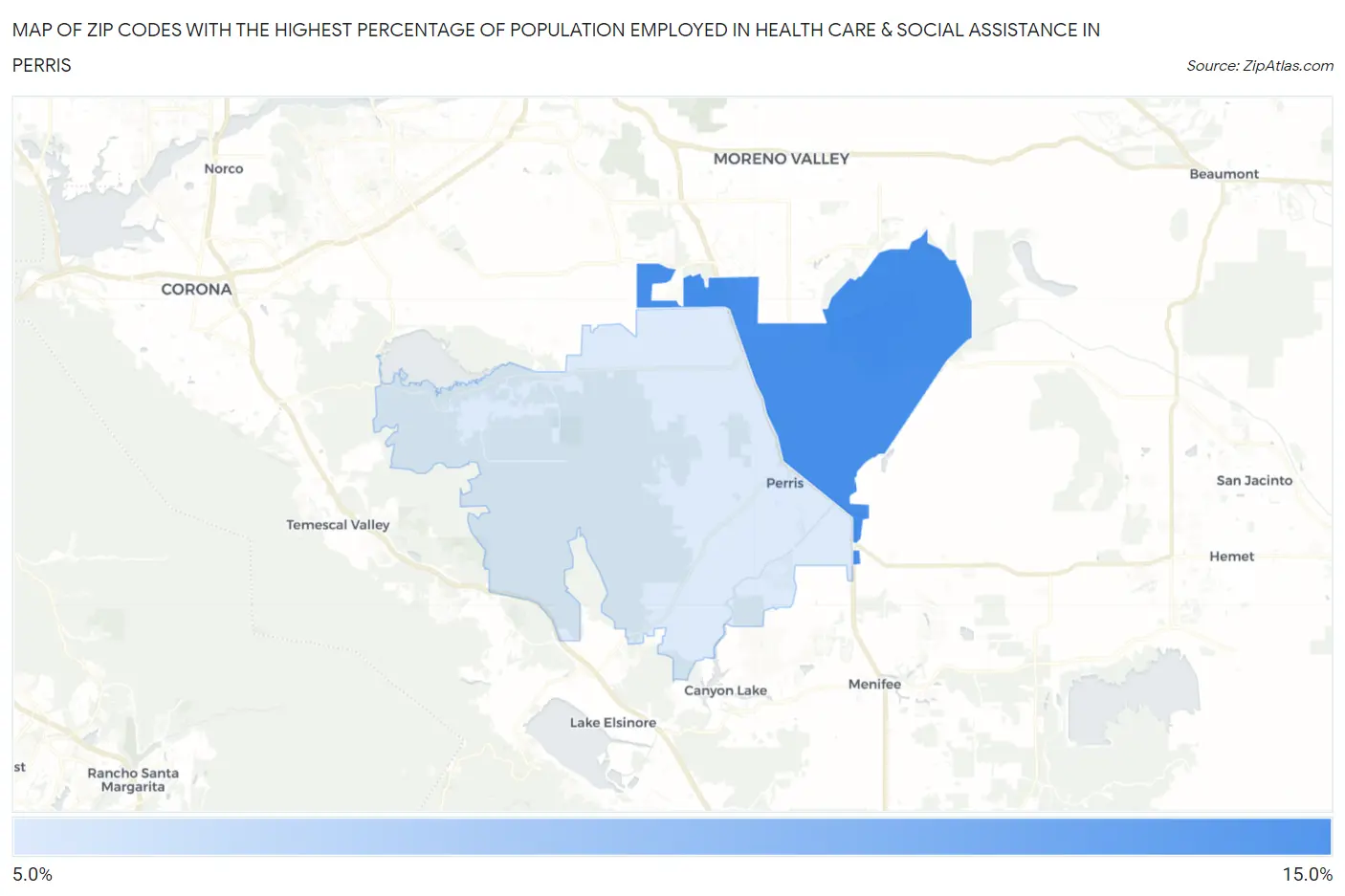 Zip Codes with the Highest Percentage of Population Employed in Health Care & Social Assistance in Perris Map