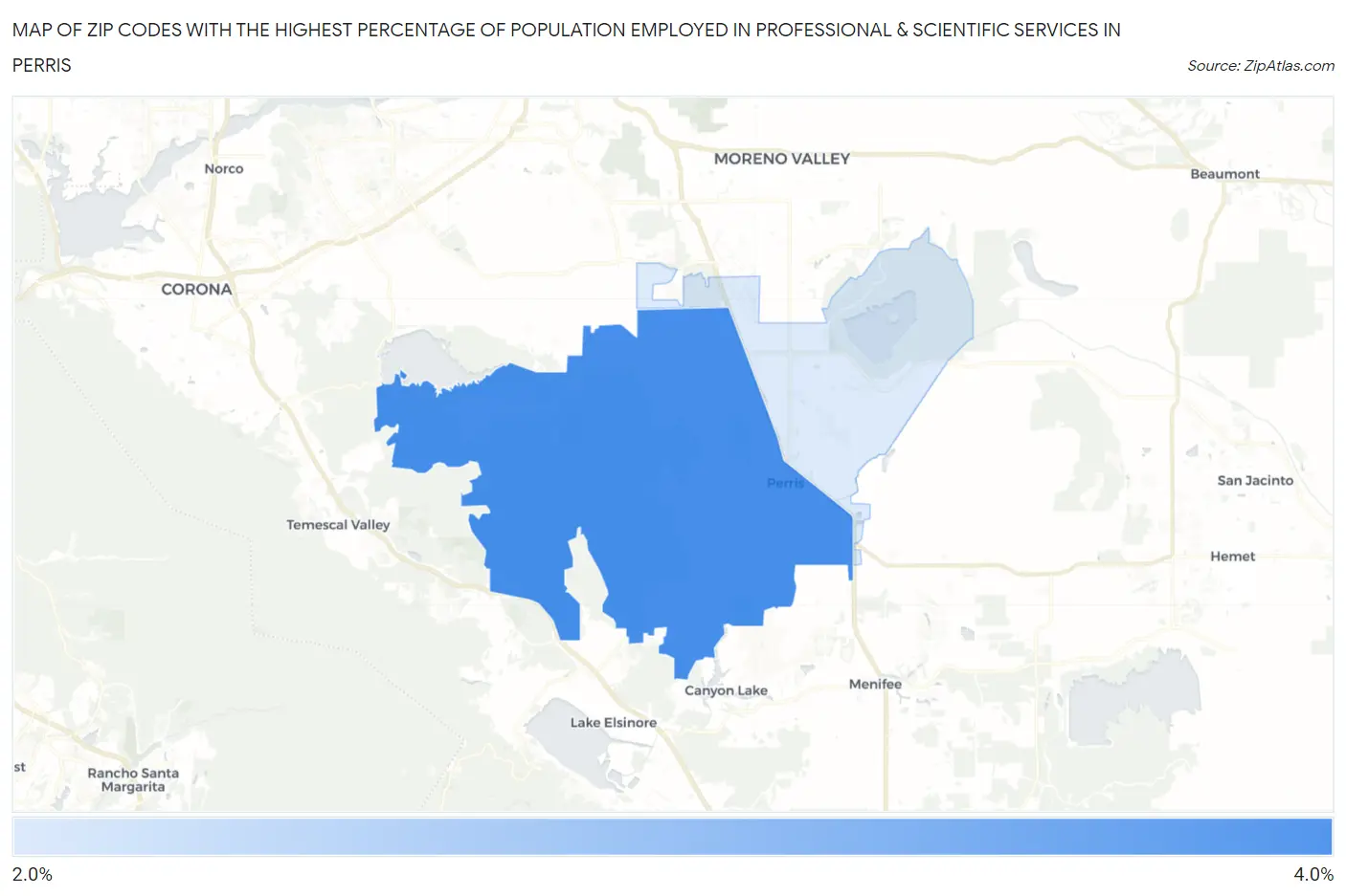 Zip Codes with the Highest Percentage of Population Employed in Professional & Scientific Services in Perris Map