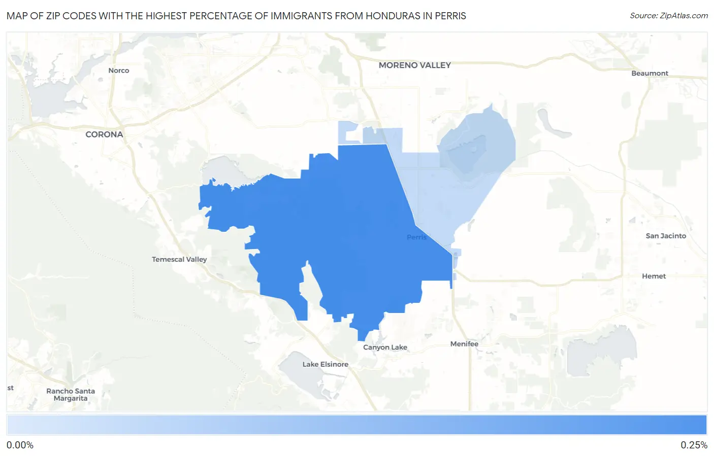 Zip Codes with the Highest Percentage of Immigrants from Honduras in Perris Map