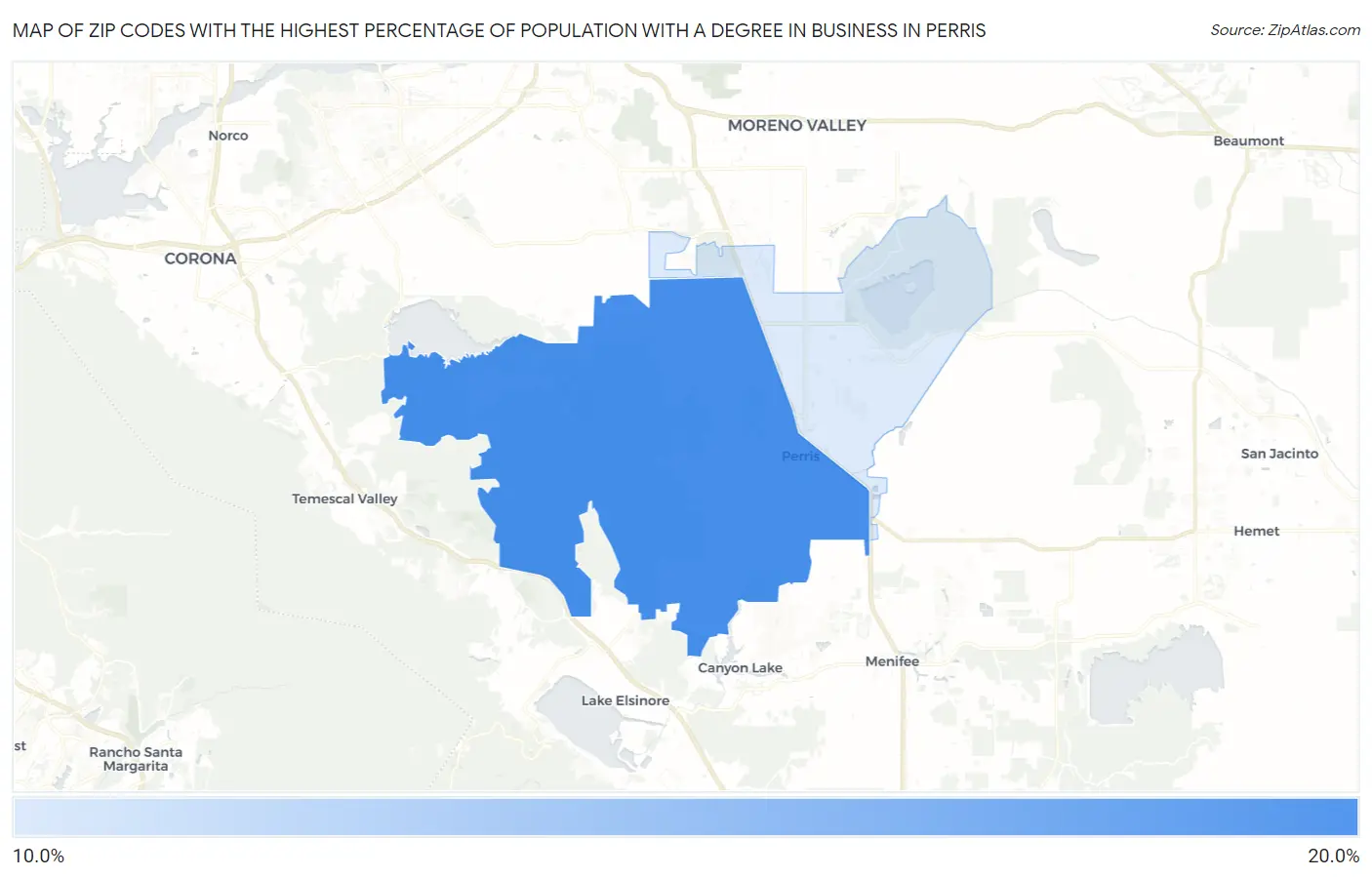 Zip Codes with the Highest Percentage of Population with a Degree in Business in Perris Map