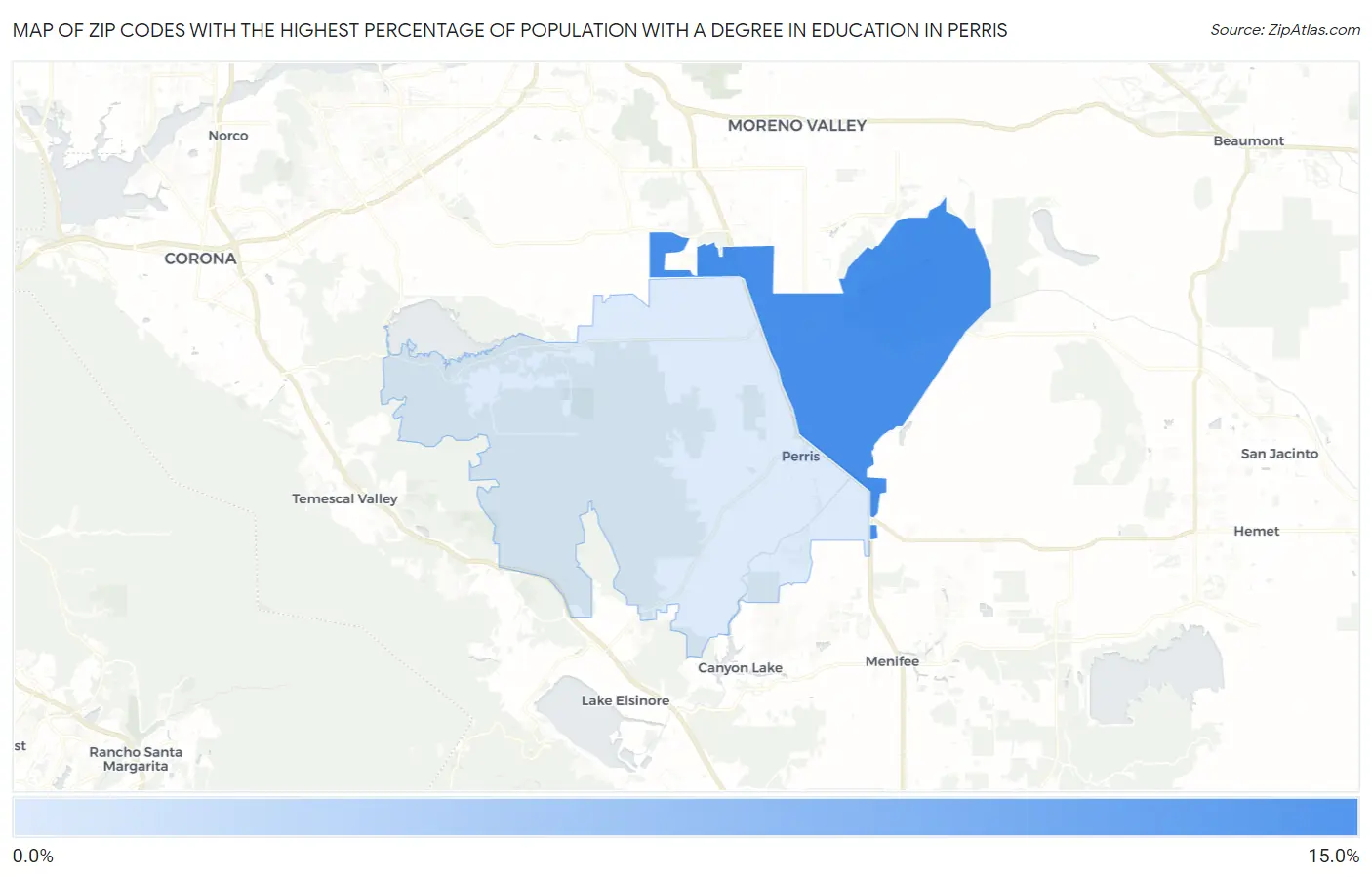 Zip Codes with the Highest Percentage of Population with a Degree in Education in Perris Map
