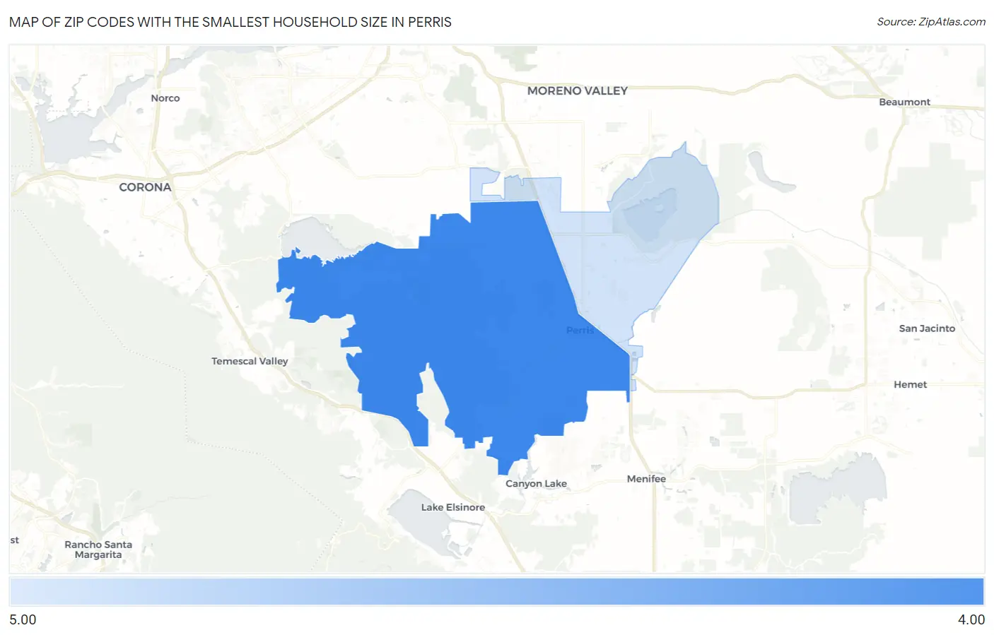 Zip Codes with the Smallest Household Size in Perris Map