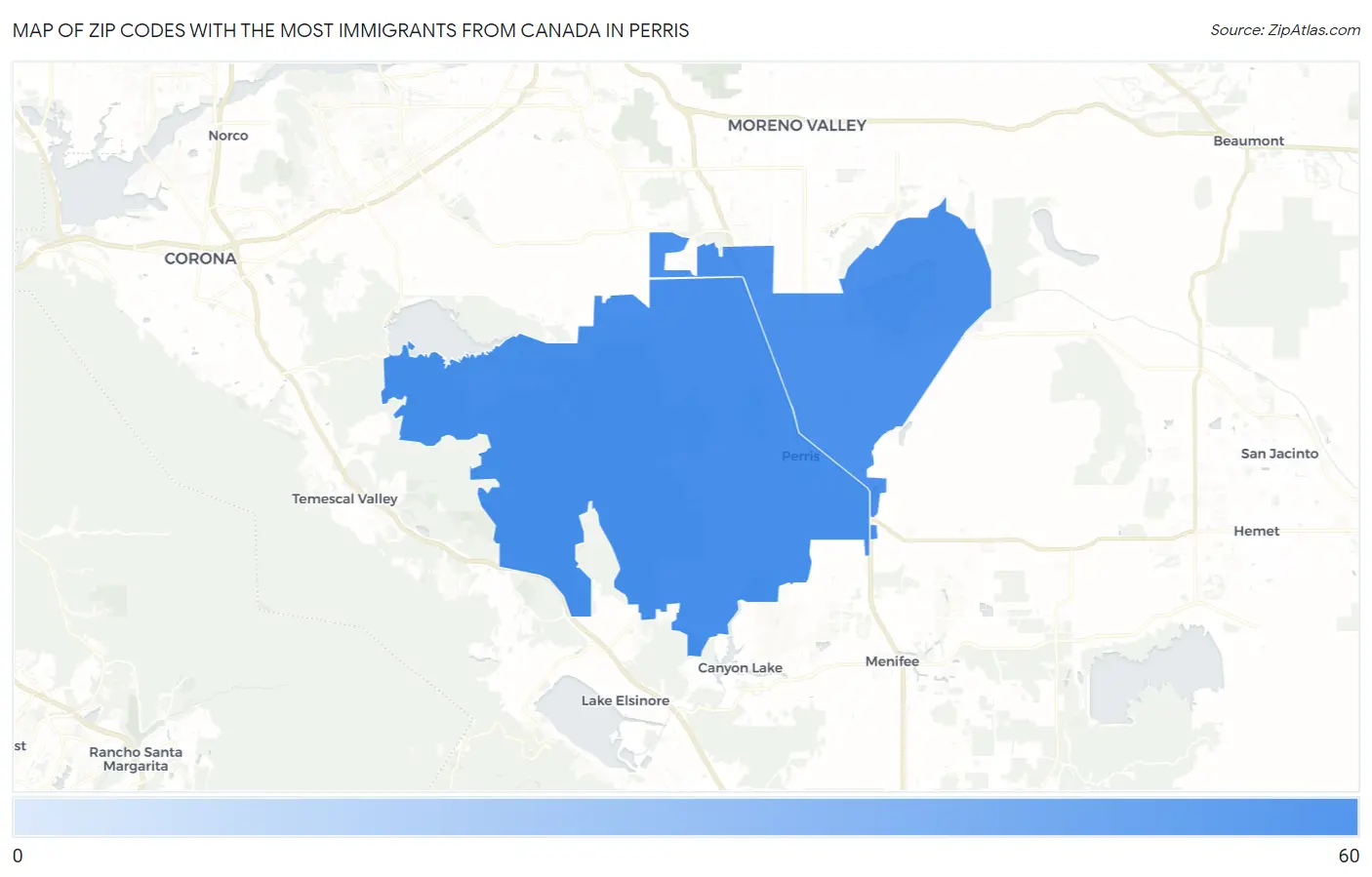 Zip Codes with the Most Immigrants from Canada in Perris Map