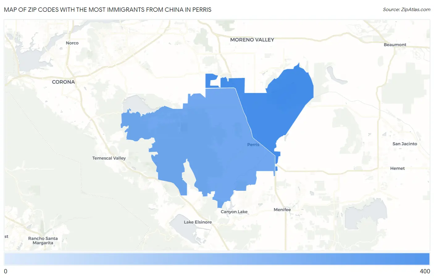 Zip Codes with the Most Immigrants from China in Perris Map