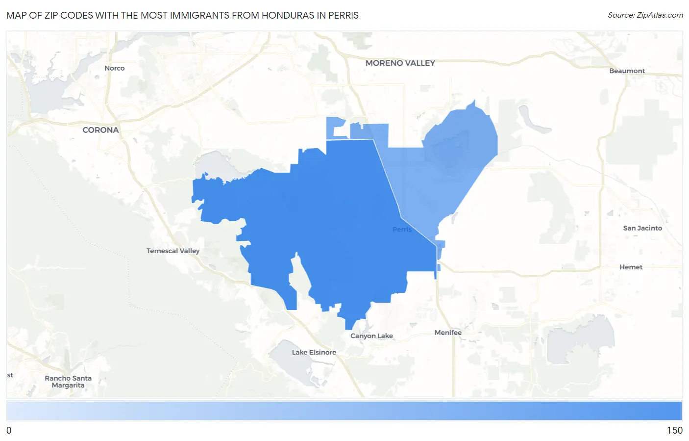 Zip Codes with the Most Immigrants from Honduras in Perris Map