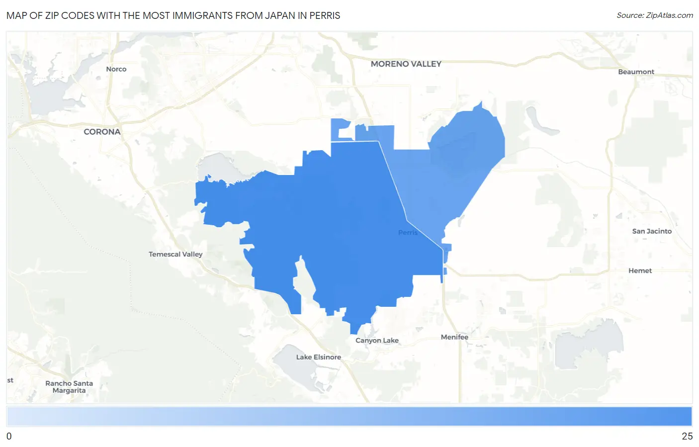 Zip Codes with the Most Immigrants from Japan in Perris Map
