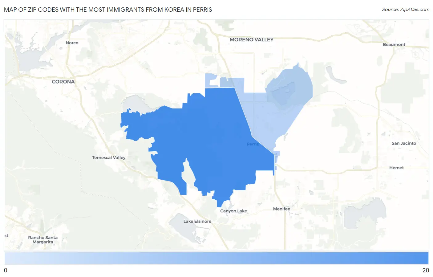 Zip Codes with the Most Immigrants from Korea in Perris Map