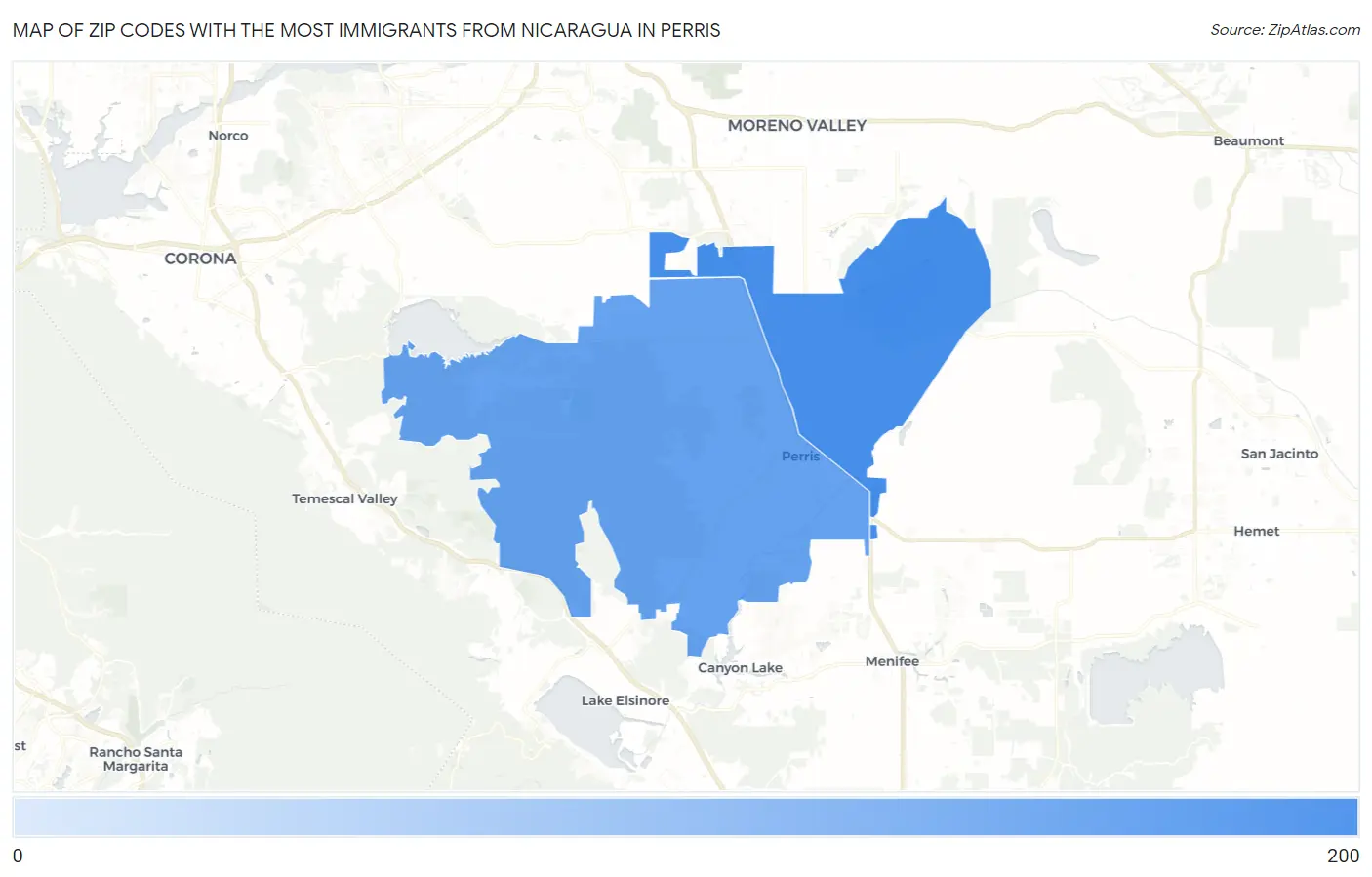 Zip Codes with the Most Immigrants from Nicaragua in Perris Map
