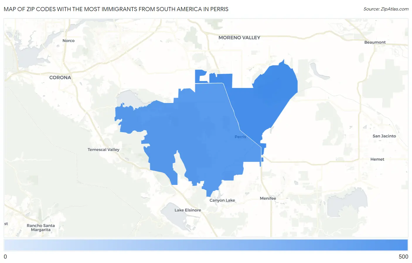 Zip Codes with the Most Immigrants from South America in Perris Map