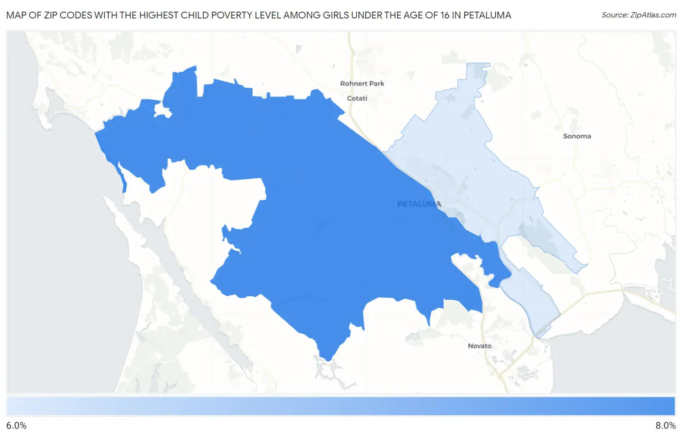 Zip Codes with the Highest Child Poverty Level Among Girls Under the Age of 16 in Petaluma Map