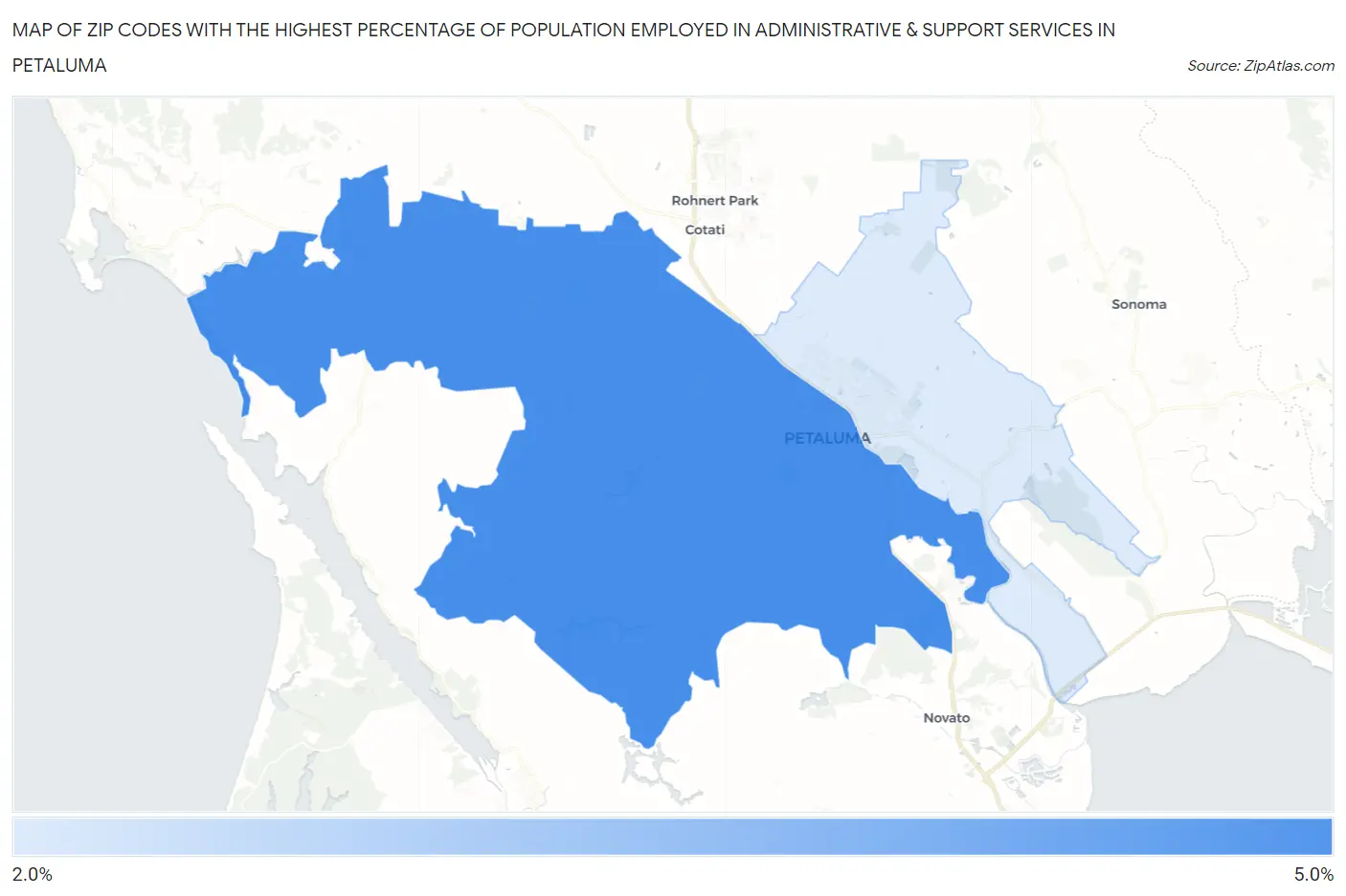 Zip Codes with the Highest Percentage of Population Employed in Administrative & Support Services in Petaluma Map