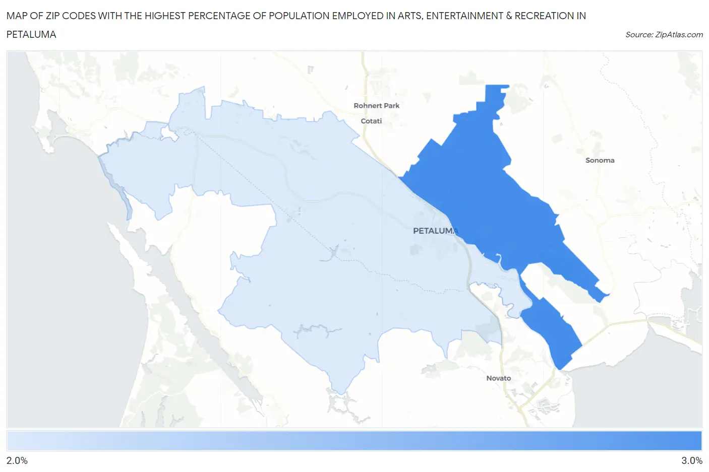 Zip Codes with the Highest Percentage of Population Employed in Arts, Entertainment & Recreation in Petaluma Map