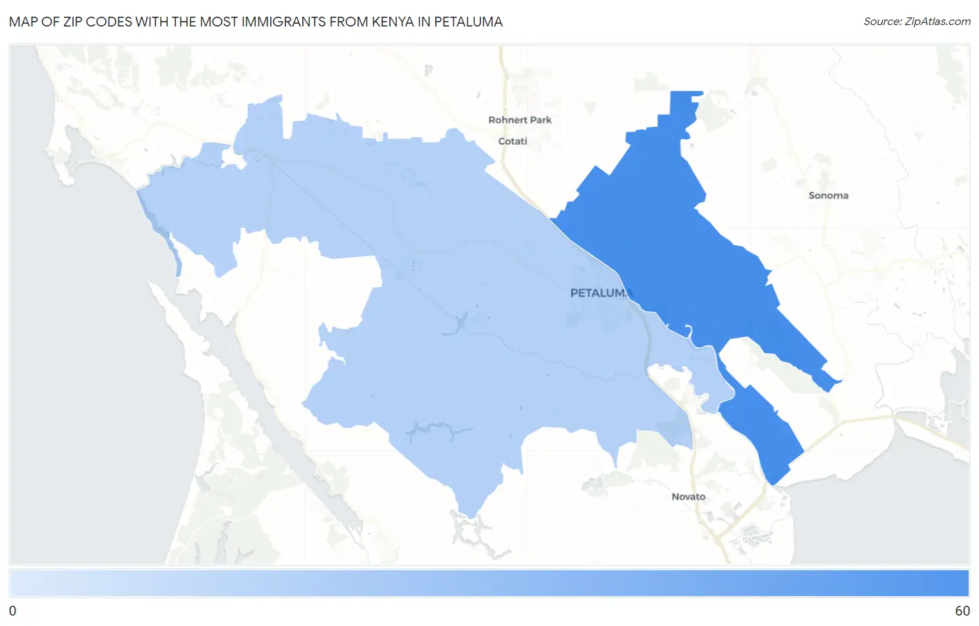 Zip Codes with the Most Immigrants from Kenya in Petaluma Map