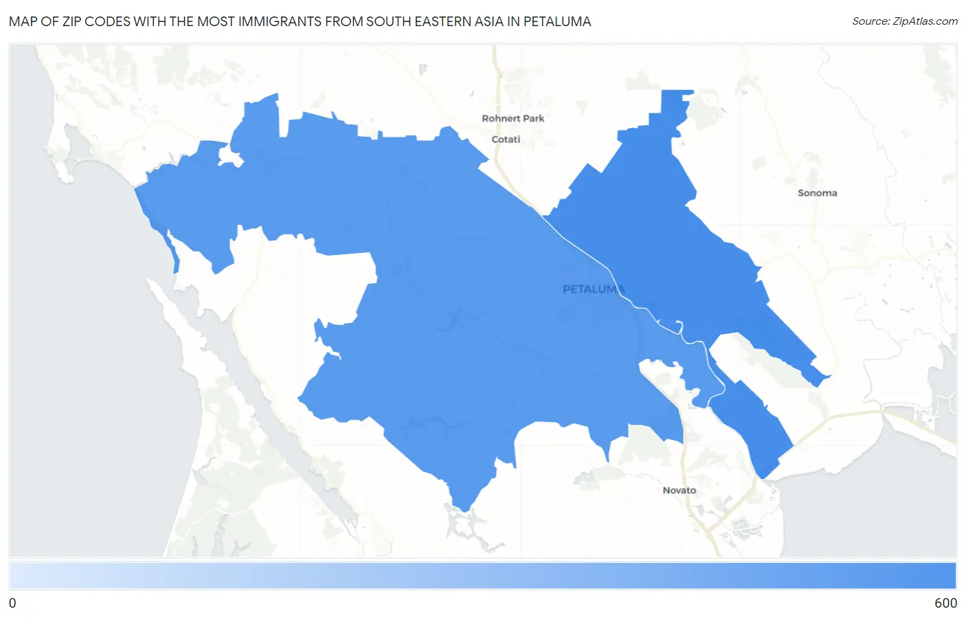 Zip Codes with the Most Immigrants from South Eastern Asia in Petaluma Map