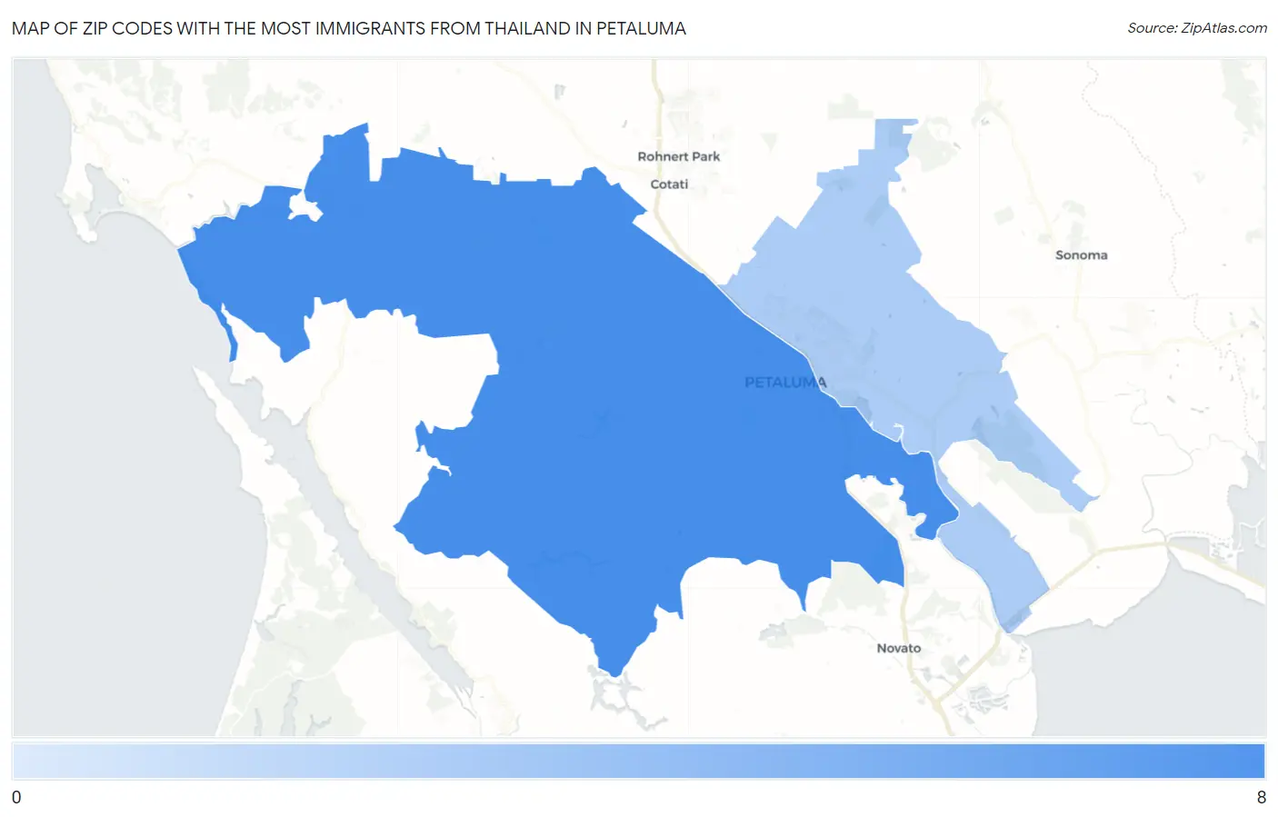 Zip Codes with the Most Immigrants from Thailand in Petaluma Map