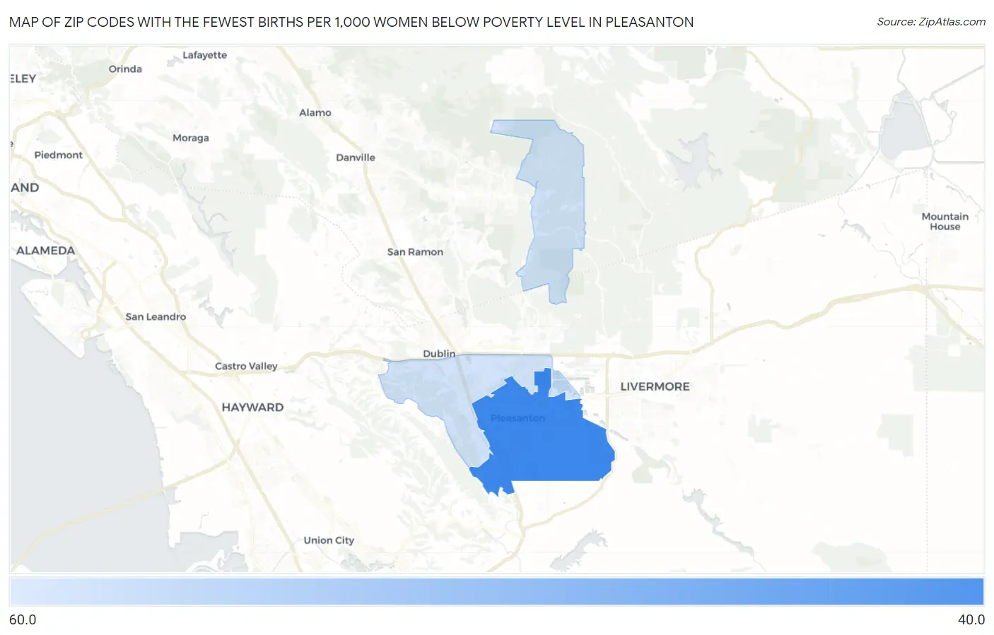 Zip Codes with the Fewest Births per 1,000 Women Below Poverty Level in Pleasanton Map