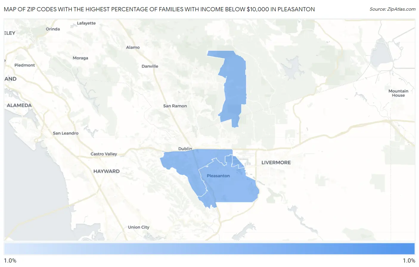 Zip Codes with the Highest Percentage of Families with Income Below $10,000 in Pleasanton Map