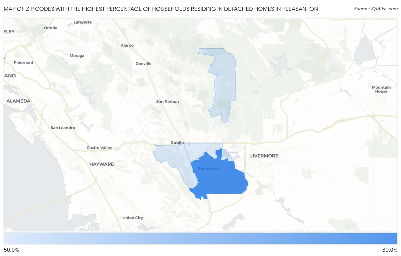 Zip Codes with the Highest Percentage of Households Residing in Detached Homes in Pleasanton Map