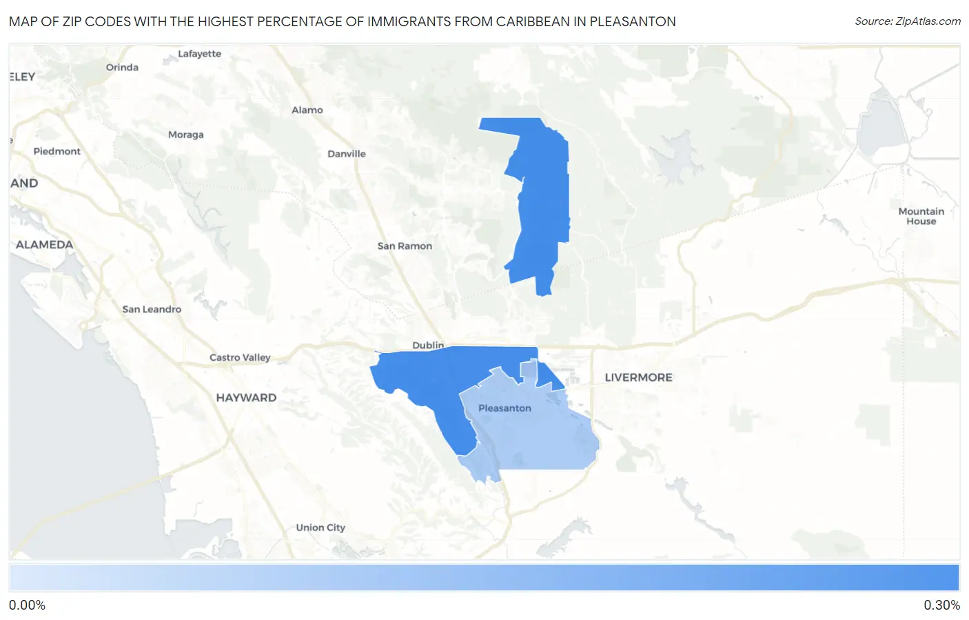 Zip Codes with the Highest Percentage of Immigrants from Caribbean in Pleasanton Map