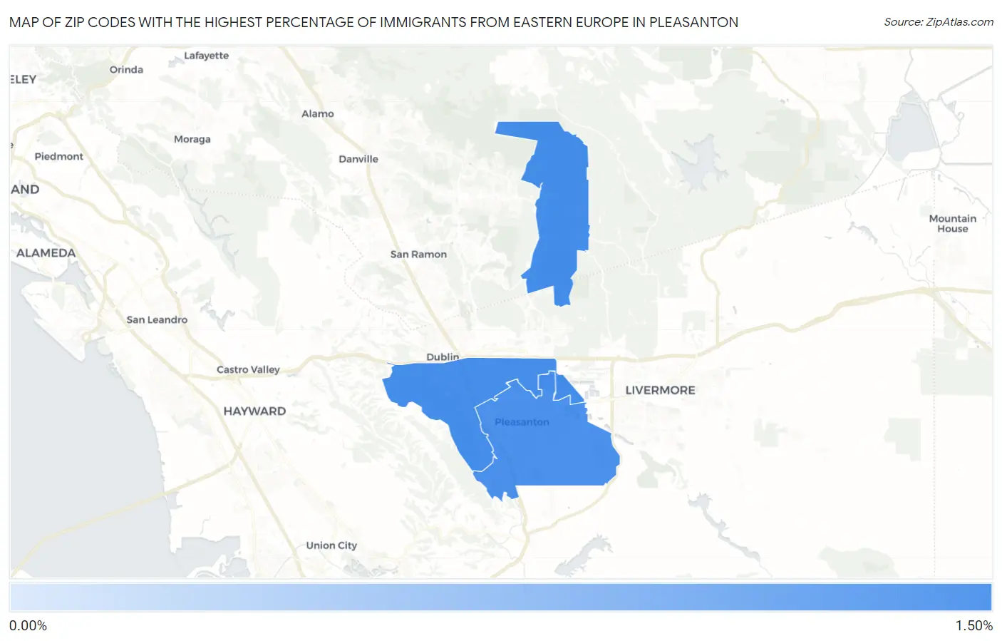 Zip Codes with the Highest Percentage of Immigrants from Eastern Europe in Pleasanton Map