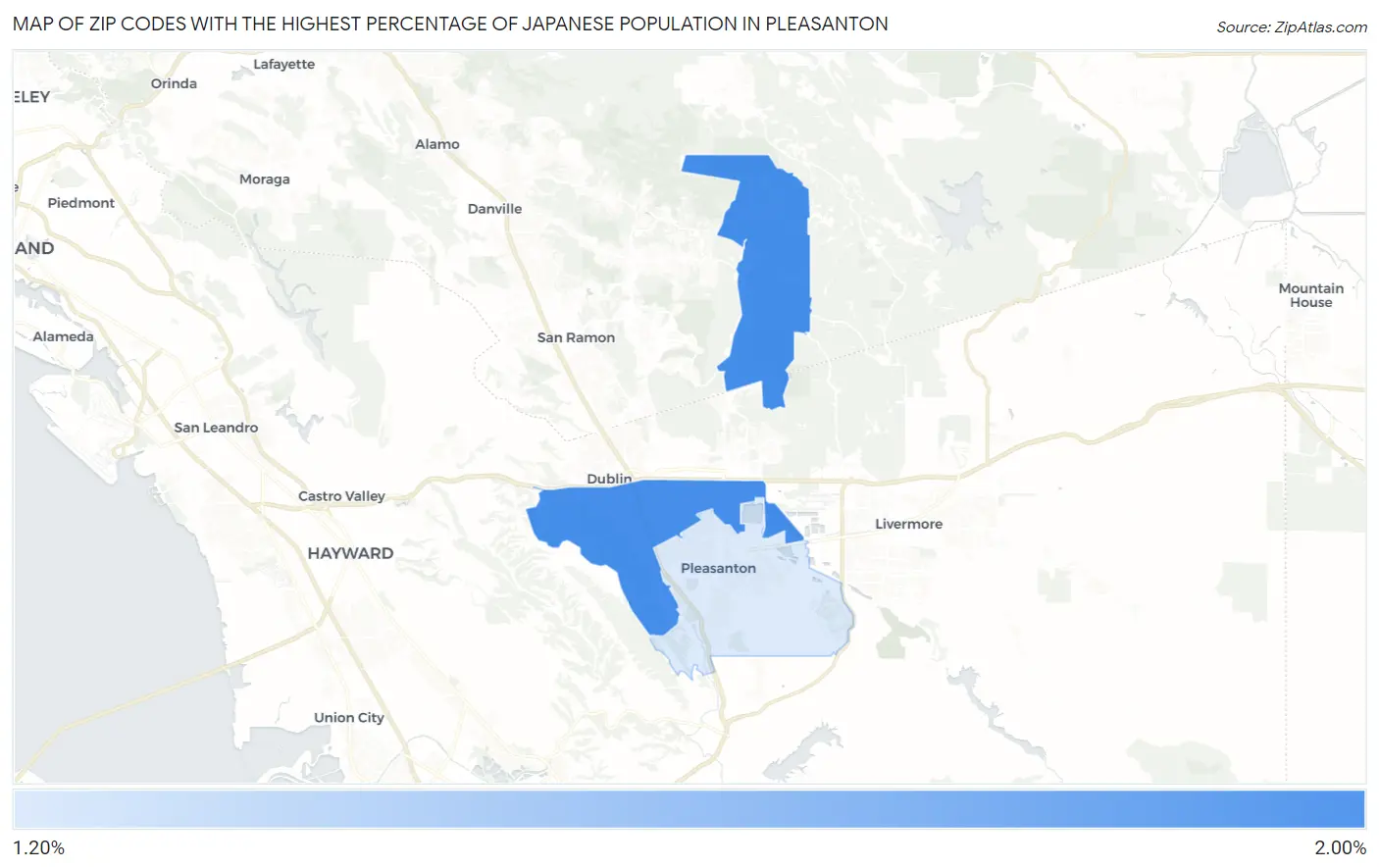 Zip Codes with the Highest Percentage of Japanese Population in Pleasanton Map