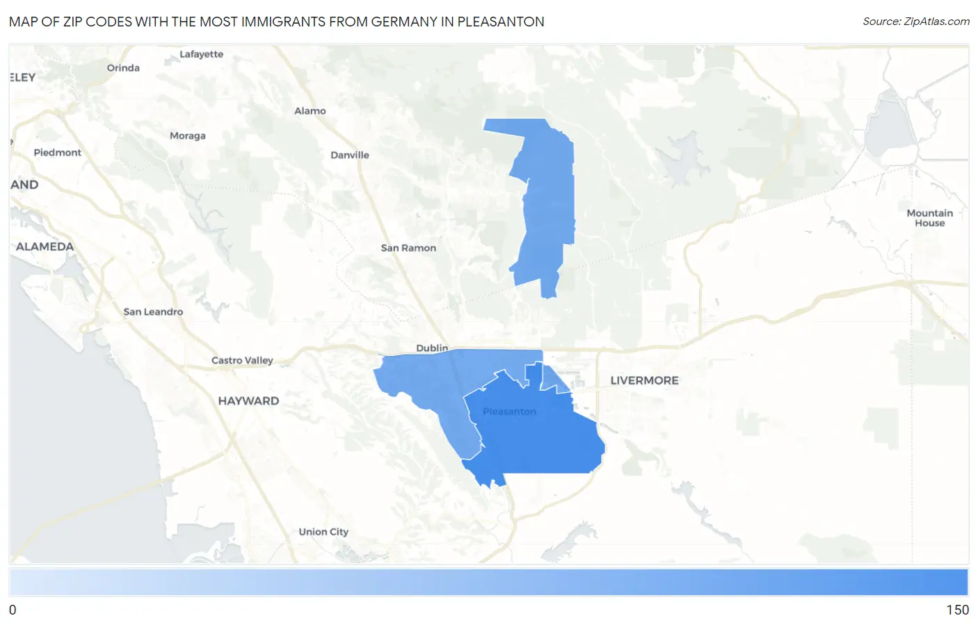 Zip Codes with the Most Immigrants from Germany in Pleasanton Map