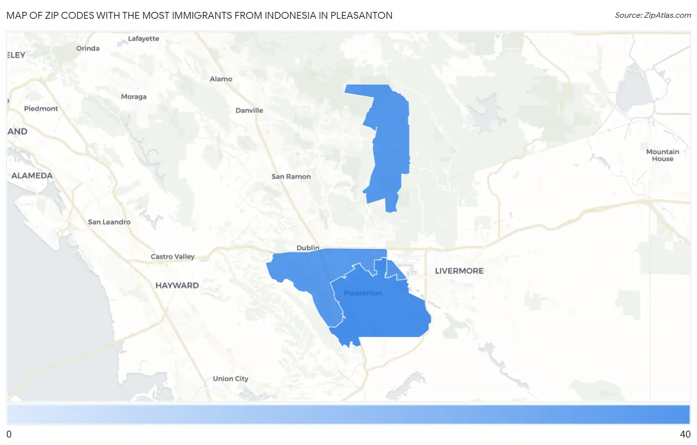 Zip Codes with the Most Immigrants from Indonesia in Pleasanton Map