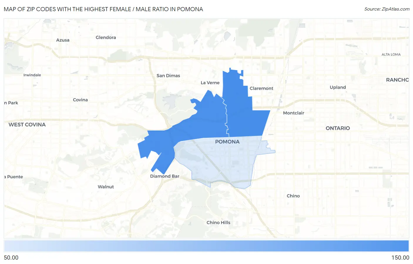 Zip Codes with the Highest Female / Male Ratio in Pomona Map