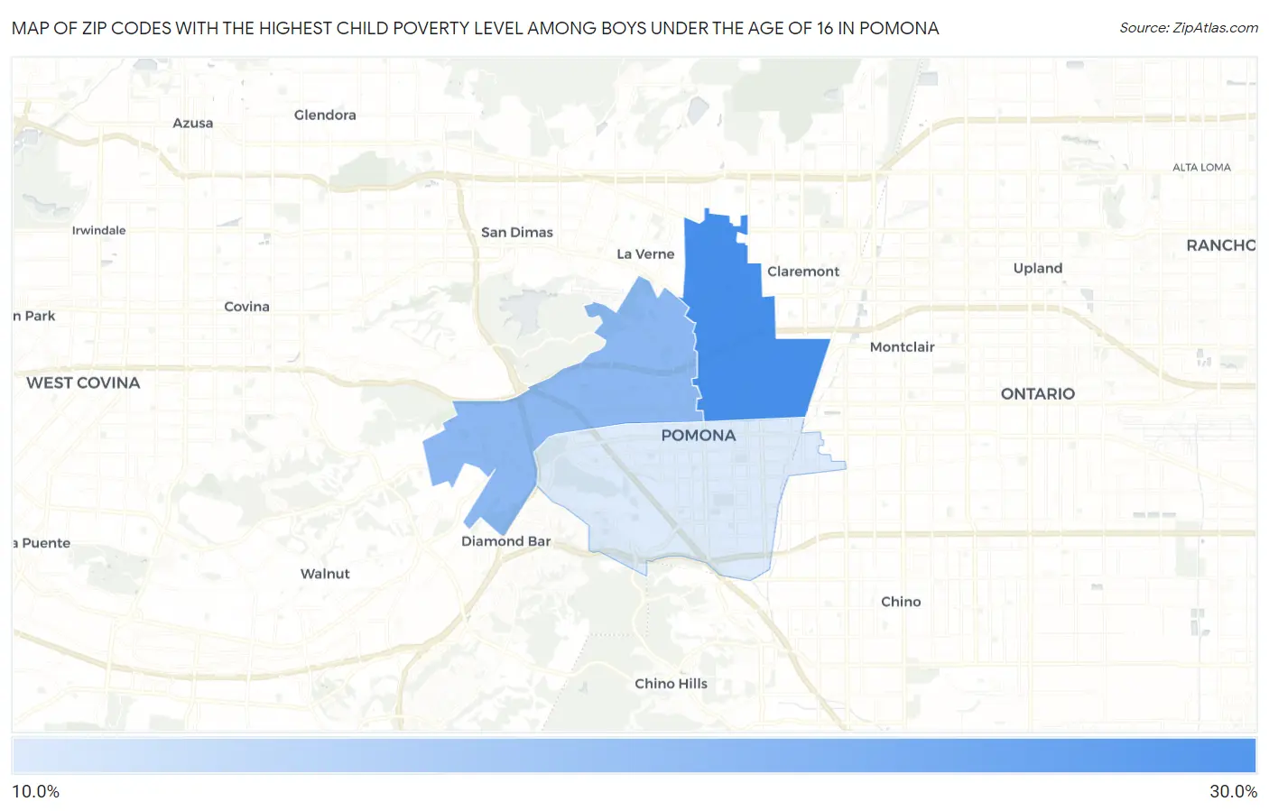 Zip Codes with the Highest Child Poverty Level Among Boys Under the Age of 16 in Pomona Map